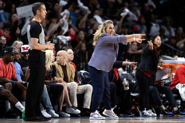 Las Vegas Aces head coach Becky Hammon shouts directions from the sidelines during the second half at Michelob ULTRA Arena, Sept. 26, 2023, in Las Vegas.  Ellen Schmidt / Las Vegas Review-Journal