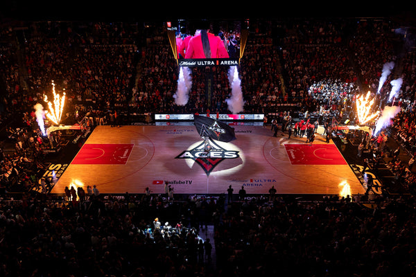 The starting lineups are announced before Game 1 between the Las Vegas Aces and the New York Liberty at Michelob ULTRA Arena, Oct. 8, 2023, in Las Vegas.  Ellen Schmidt / Las Vegas Review-Journal