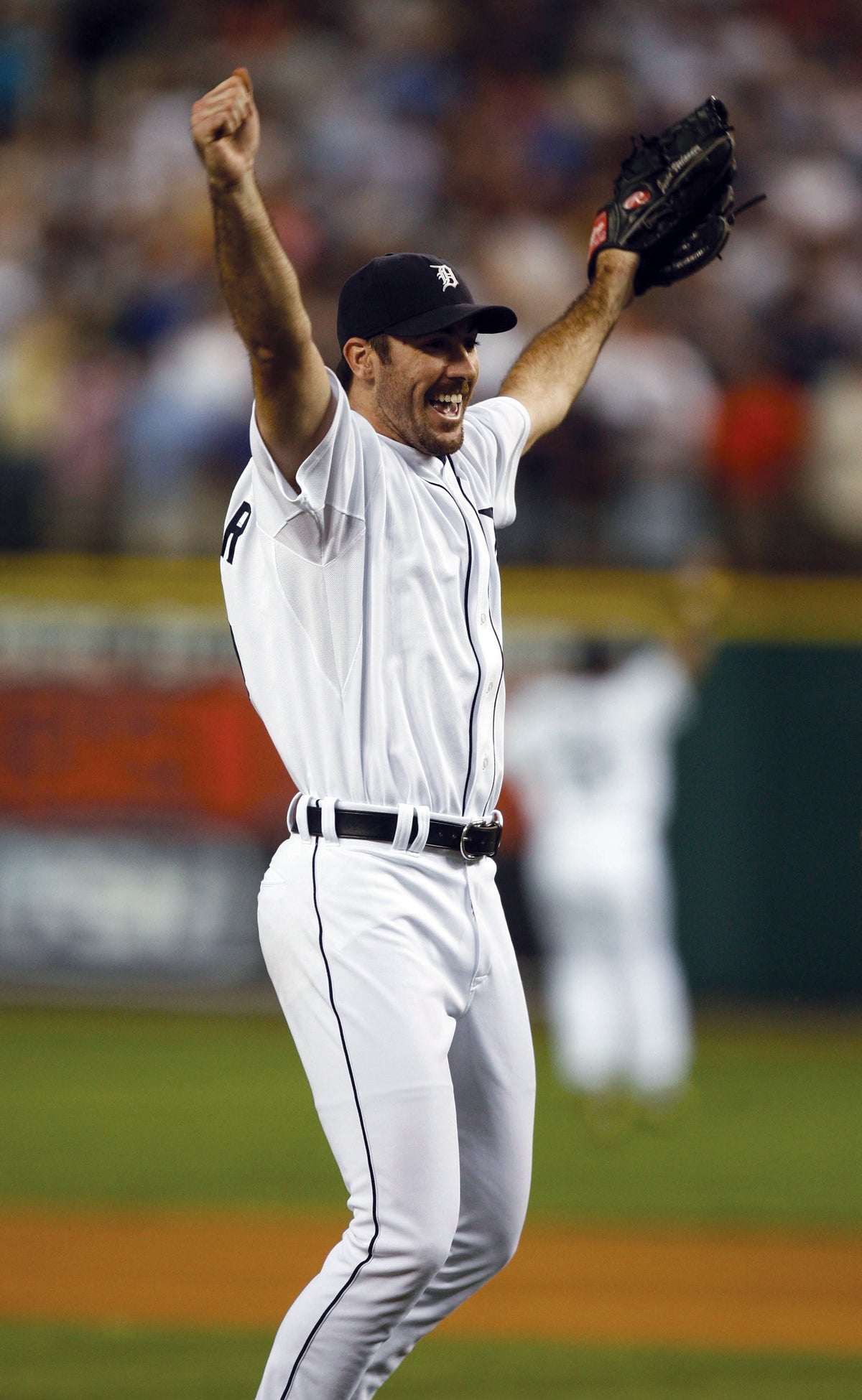 Detroit Tigers right-hander Justin Verlander celebrates his no-hitter against the Milwaukee Brewers at Comerica Park in Detroit on Tuesday, June 12, 2007. Julian H. Gonzalez / Detroit Free Press