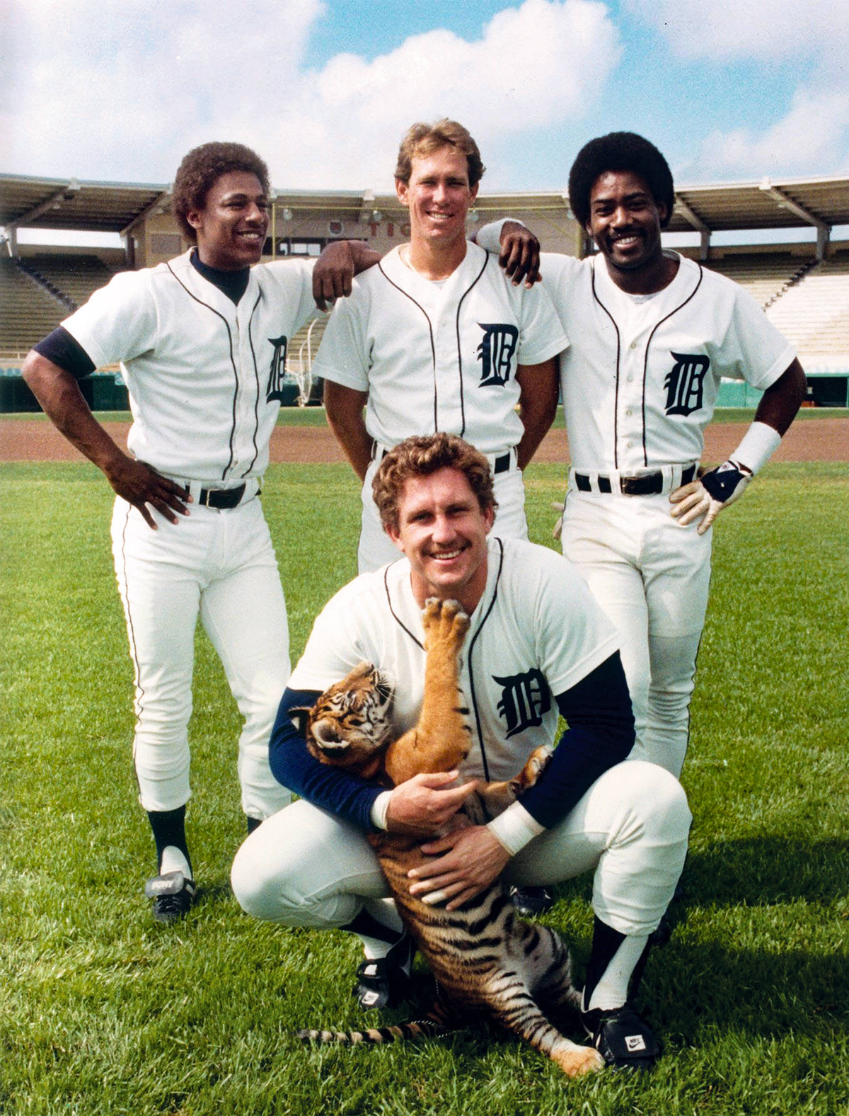 Garfield the Tiger, Lance Parrish, Lou Whitaker, Alan Trammell and Chet Lemon during Spring training in Florida in 1984. Mary Schroeder / Detroit Free Press