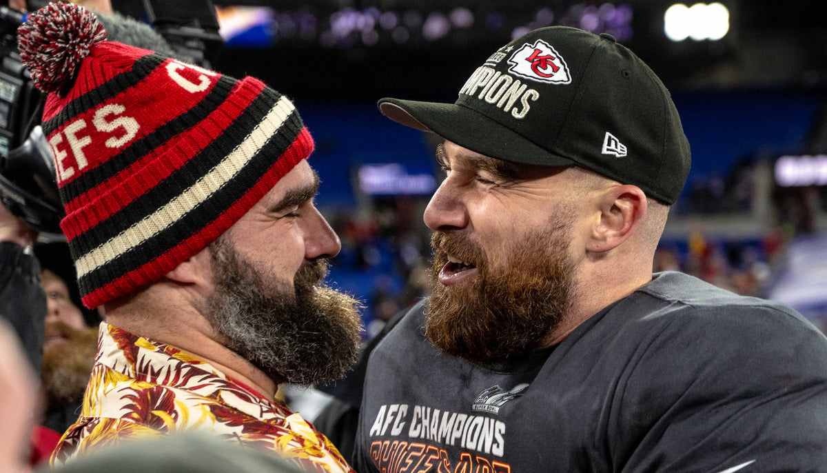 Kansas City Chiefs tight end Travis Kelce, right, celebrates with his brother, Jason, after the Chiefs defeated the Baltimore Ravens 17-10 in the AFC Championship Game on Sunday, Jan. 28, 2024, in Baltimore. Courtesy Nick Wagner / The Kansas City Star