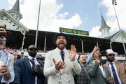 Travis Kelce cheers on Lord Bullingdon and Noted in the ninth race of Kentucky Derby Day, May 4, 2024. CLARE GRANT