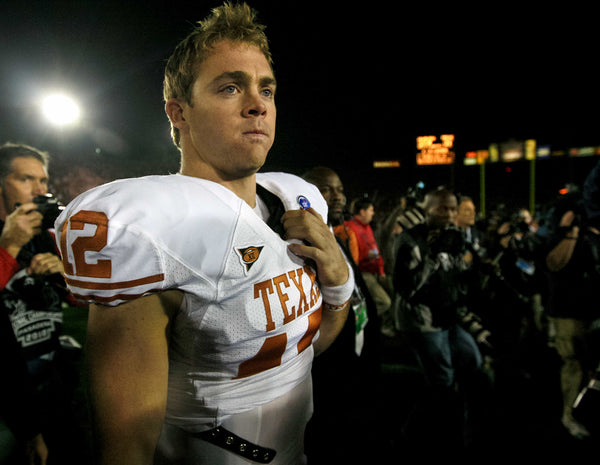 Texas quarterback Colt McCoy leaves the field after his team lost to Alabama in the Citi BCS National Championship game in Pasadena, Calif., at the Rose Bowl Stadium on Jan. 7, 2010. McCoy was injured early in the first quarter and did not return to the game. Ricardo B. Brazziell / Austin American-Statesman