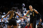 Las Vegas Aces forward A'ja Wilson (22) celebrates with guard Jackie Young (0) after scoring during Game 2 at Michelob ULTRA Arena, Sept. 17, 2023, in Las Vegas. Ellen Schmidt / Las Vegas Review-Journal