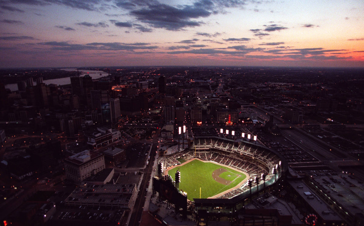 Comerica Park glows in the twilight as the first night game at the new field is played under the lights on April 12, 2000 as the sun sets in the west behind downtown Detroit. David P. Gilkey / The Detroit Free Press