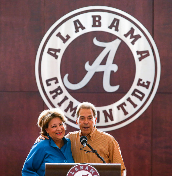 Nick and Terry Saban greet the crowd during the Nick's Kids Foundation Luncheon in Bryant-Denny Stadium, Aug. 2, 2018. Gary Cosby Jr. / Imagn Content Services, LLC