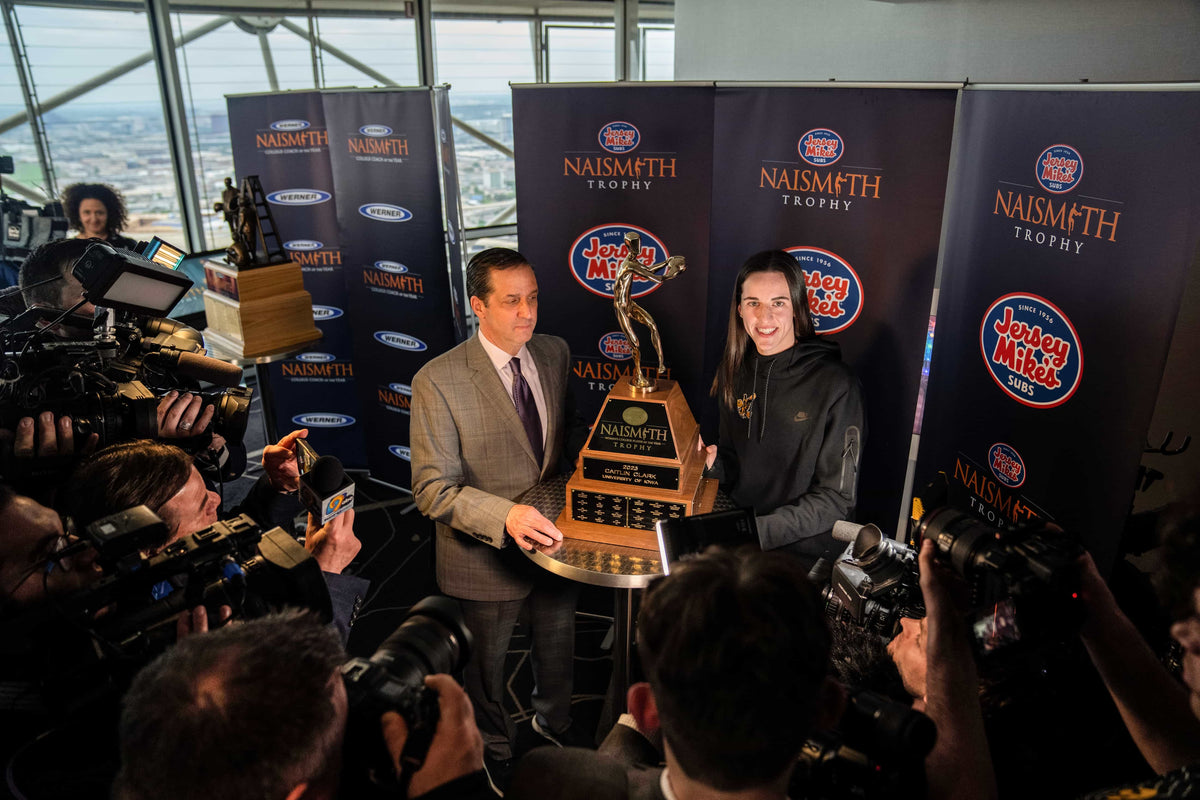 Caitlin Clark takes questions after winning the 2023 Jersey Mike’s Naismith Trophy in Dallas, Texas, March 29, 2023. Zach Boyden-Holmes / Des Moines Register