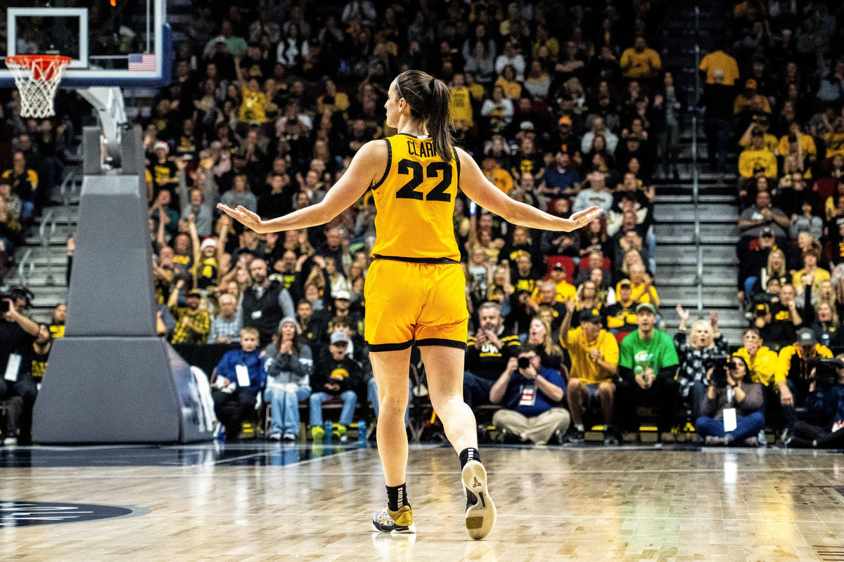 Iowa guard Caitlin Clark reacts after making a 3-pointer during the Hawkeye Showcase on Dec. 16, 2023. Lily Smith / Des Moines Register