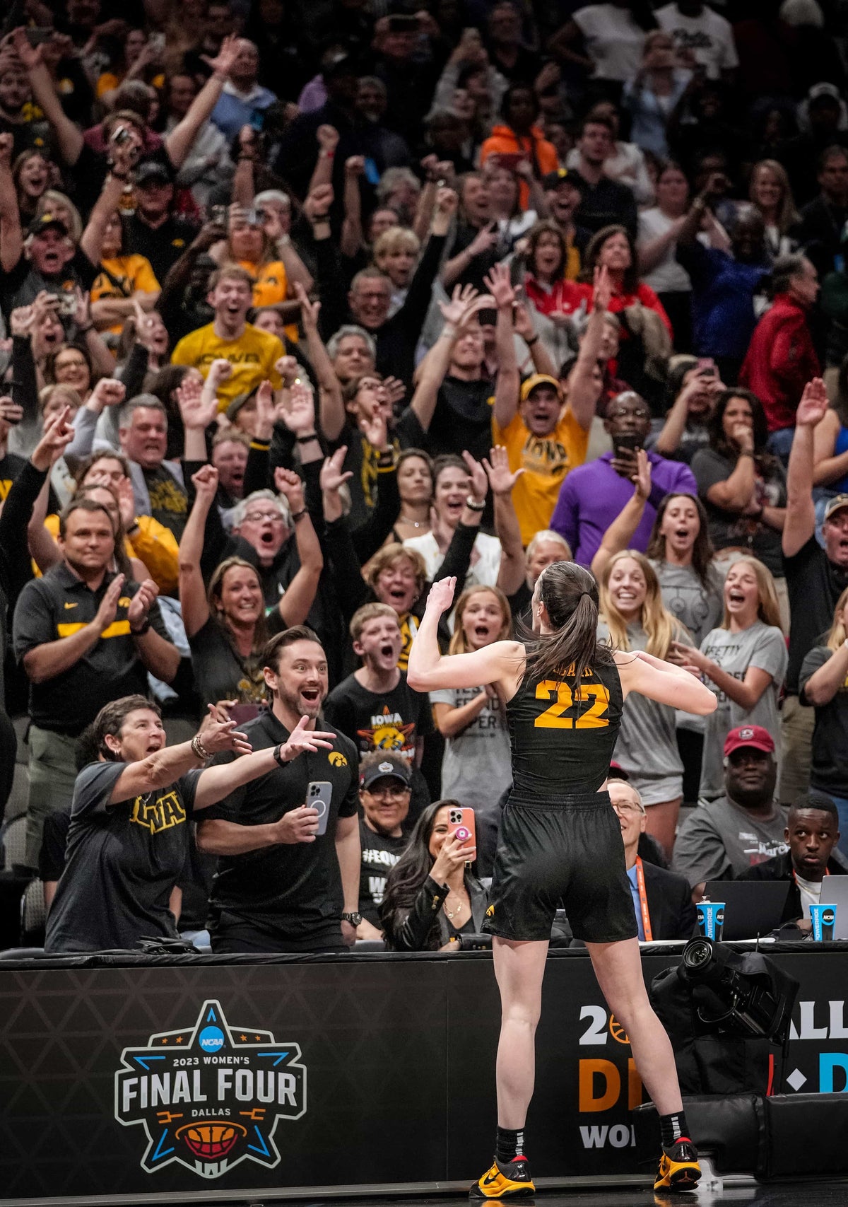 Iowa guard Caitlin Clark (22) celebrates a win over South Carolina during the NCAA Women's Final Four semifinals basketball game in Dallas, March 31, 2023. Zach Boyden-Holmes / Des Moines Register