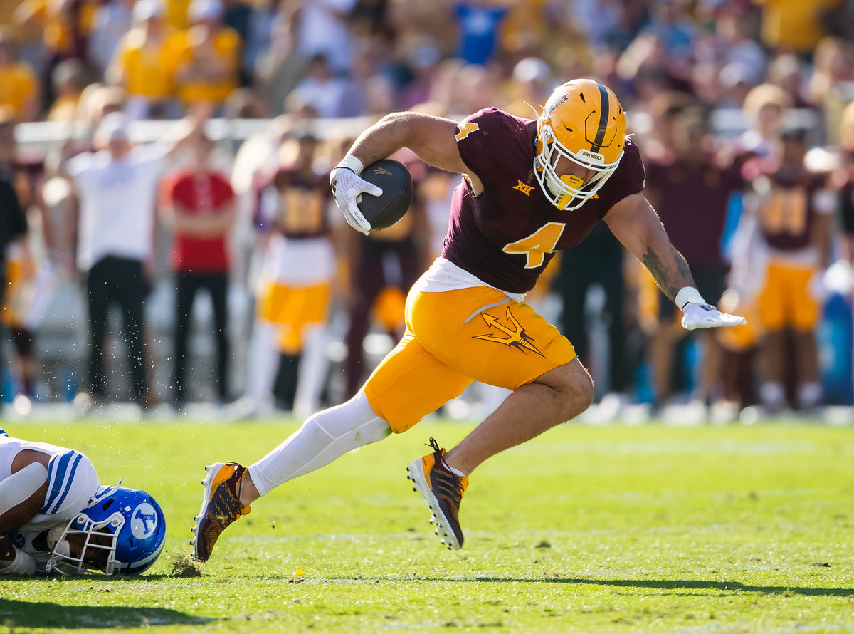 Cam Skattebo runs for one of his three first-half touchdowns as Arizona State built a 21-0 lead over BYU. Skattebo’s TDs in order: A 3-yarder with 6:41 left in the first quarter, a 4-yarder with 4:29 left in the second quarter and a 23-yarder with 1:53 left in the second quarter.  Mark J. Rebilas / Imagn Images