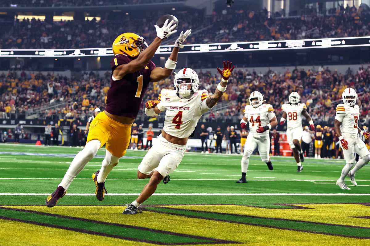 Xavier Guillory does it again, grabbing his second TD catch in only 1:11 of action, this one a 21-yarder against defensive back Myles Purchase. At that point, the Sun Devils led 38-10 with 6:27 left in the third quarter. ASU got the ball back so quickly because after Guillory’s first TD, the Cyclones committed a false start and then Keith Abney II picked off a pass.  Tim Heitman / Imagn Images