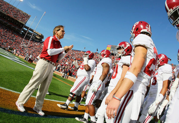 Alabama Crimson Tide Coach Nick Saban brings his team to the field before the game against the Auburn Tigers at Jordan-Hare Stadium, Nov. 26, 2011. Marvin Gentry / USA TODAY Sports