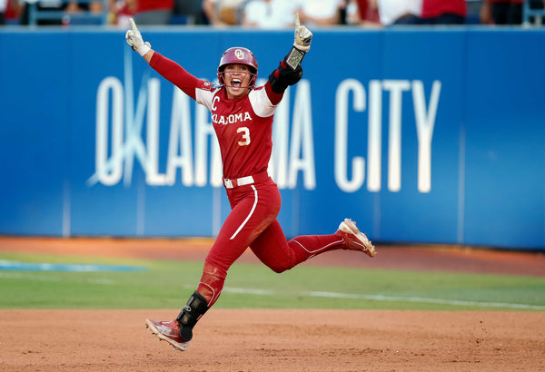 Oklahoma’s Grace Lyons celebrates a home run in the fifth inning during the second game of the Women’s College World Championship Series against Florida State at USA Softball Hall of Fame Stadium in Oklahoma City, June 8, 2023. SARAH PHIPPS / THE OKLAHOMAN
