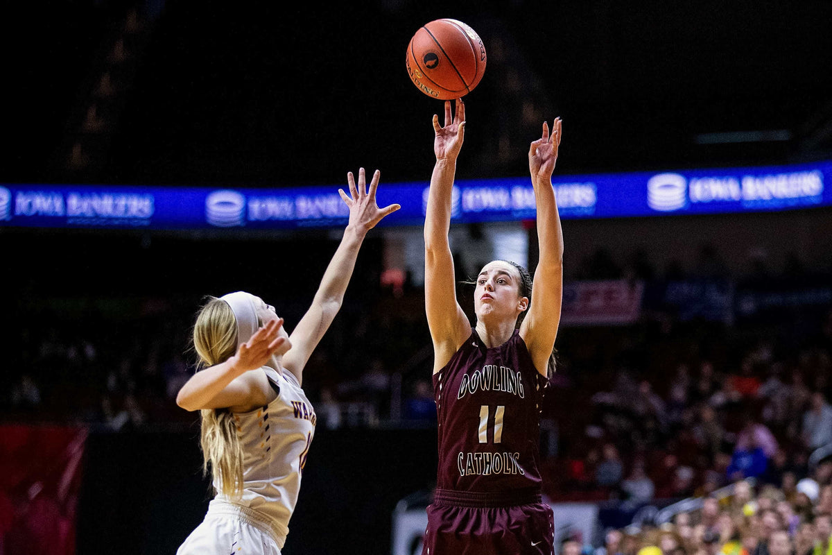 Dowling's Caitlin Clark shoots the ball during the Class 5A Iowa girls' state basketball tournament quarterfinal between Dowling Catholic and Waukee on Feb. 25, 2019. Kelsey Kremer / Des Moines Register