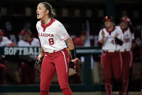 Oklahoma’s Alex Storako (8) celebrates after a college softball game between the Sooners and Texas Tech at Marita Hynes Field in Norman, April 6, 2023. Oklahoma won 3-0. BRYAN TERRY / THE OKLAHOMAN