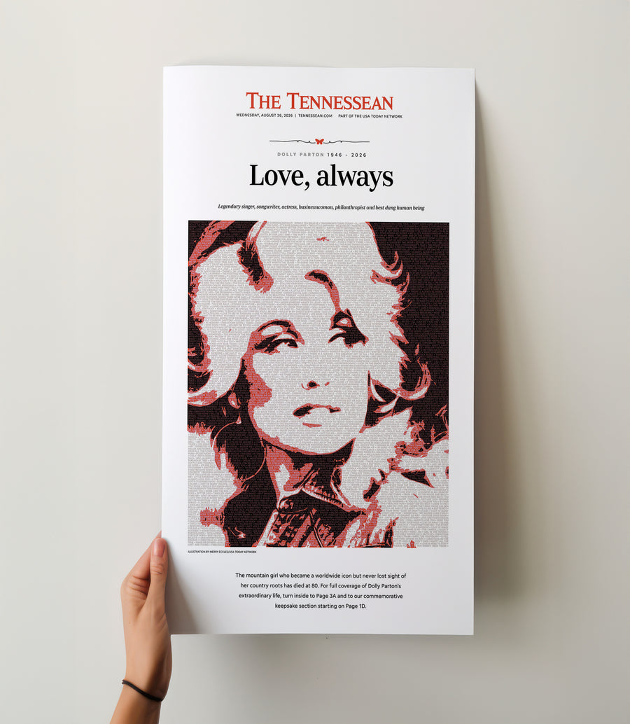 Dolly Parton Love Always Front Page Wall Art wall art mockup - Hand-held loose poster