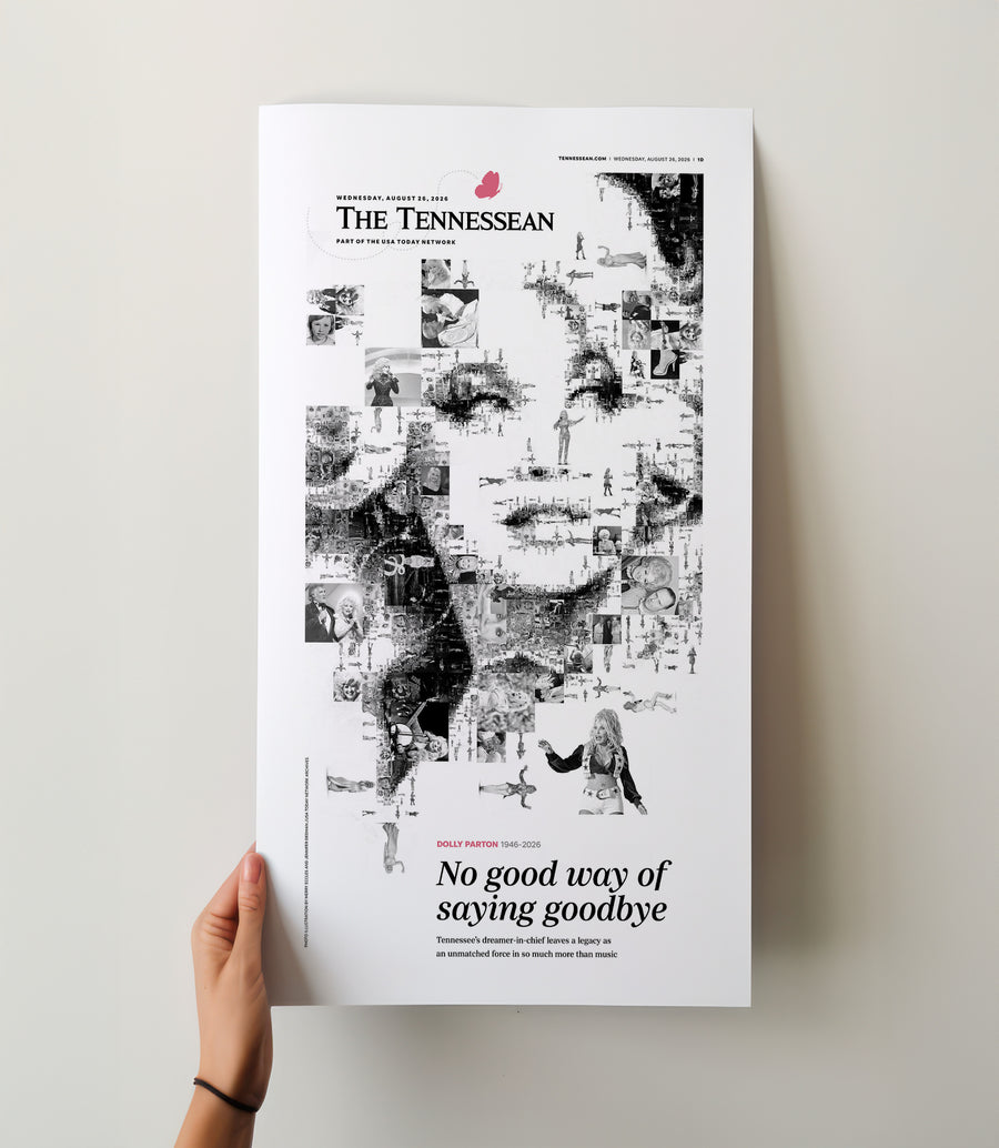 Dolly Parton No Good Way to Say Goodbye Tennessean Front Page Wall Art wall art mockup - Hand-held loose poster