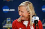 OU coach Patty Gasso laughs during media day at the Women’s College World Series at the USA Softball Hall Of Fame Stadium in Oklahoma City, May 29, 2019. SARAH PHIPPS / THE OKLAHOMAN