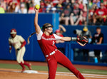Oklahoma’s Alex Storako (8) throws a pitch during the second game of the Women’s College World Championship Series between the Sooners and Florida State at USA Softball Hall of Fame Stadium in Oklahoma City, June 8, 2023. SARAH PHIPPS / THE OKLAHOMAN