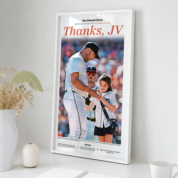 Justin Verlander Thanks, JV, Front Page Wall Art wall art mockup - Square framed room