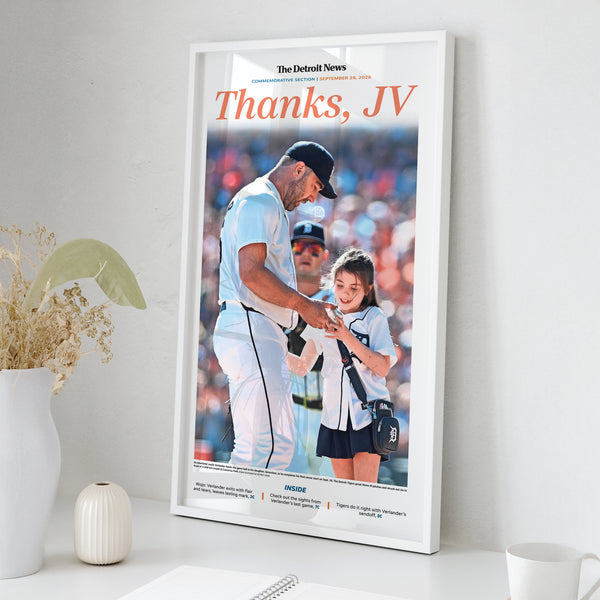 Justin Verlander Thanks, JV, Front Page Wall Art wall art mockup - Square framed room