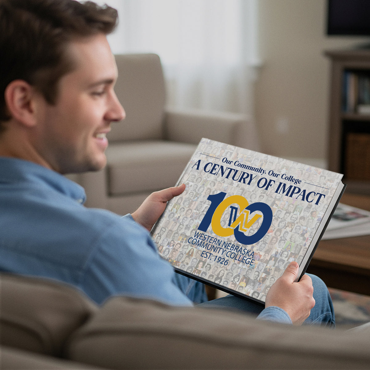 Western Nebraska Community College History book mockup - Man hands