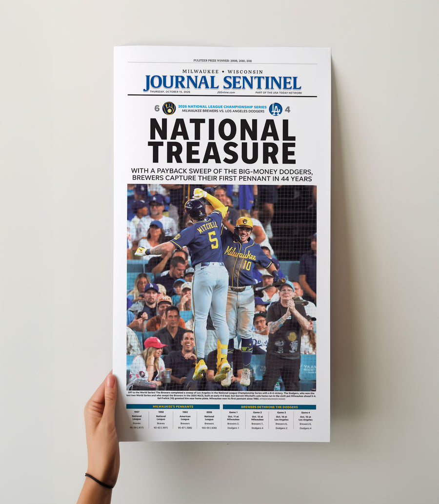 Milwaukee Brewers NL Champs Front Page Wall Art wall art mockup - Hand-held loose poster