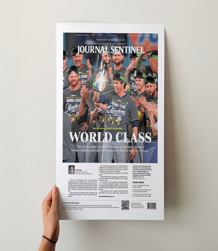 Milwaukee Brewers NL World Class Front Page Wall Art wall art mockup - Hand-held loose poster