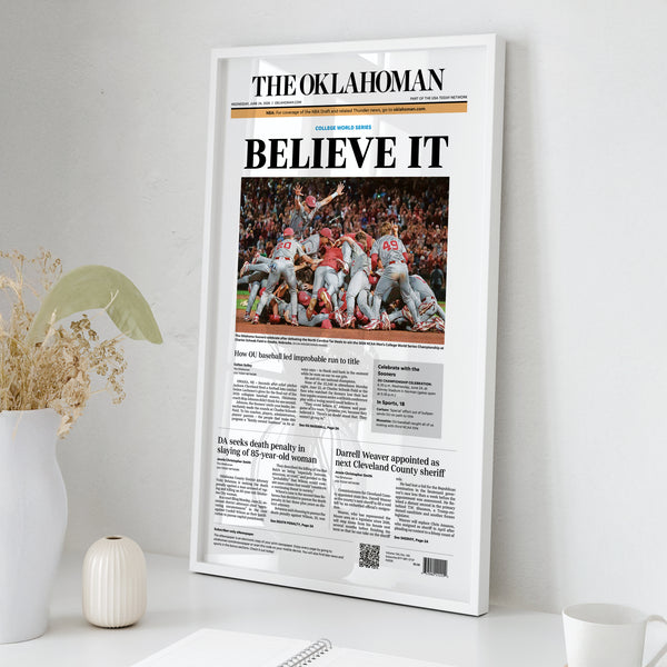 Oklahoma Baseball Believe It College World Series Front Page Wall Art wall art mockup - Square framed room