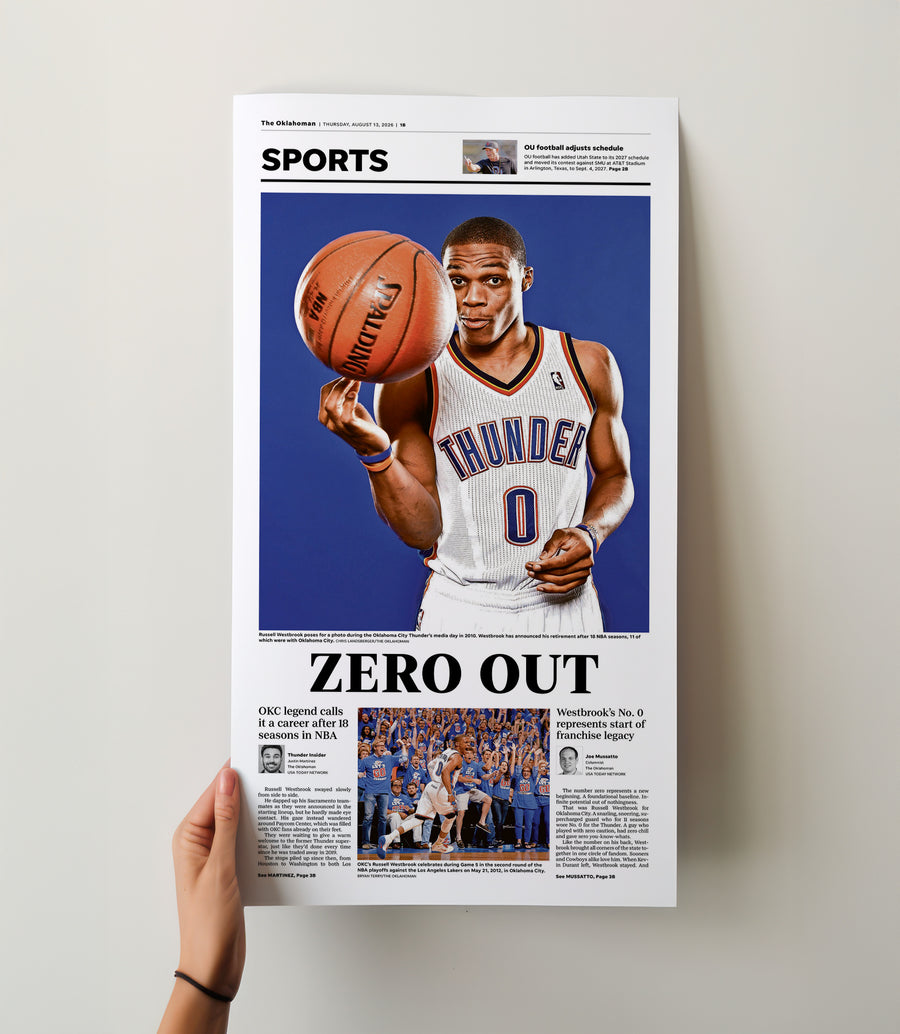 Russell Westbrook Zero Out Front Page Wall Art wall art mockup - Hand-held loose poster