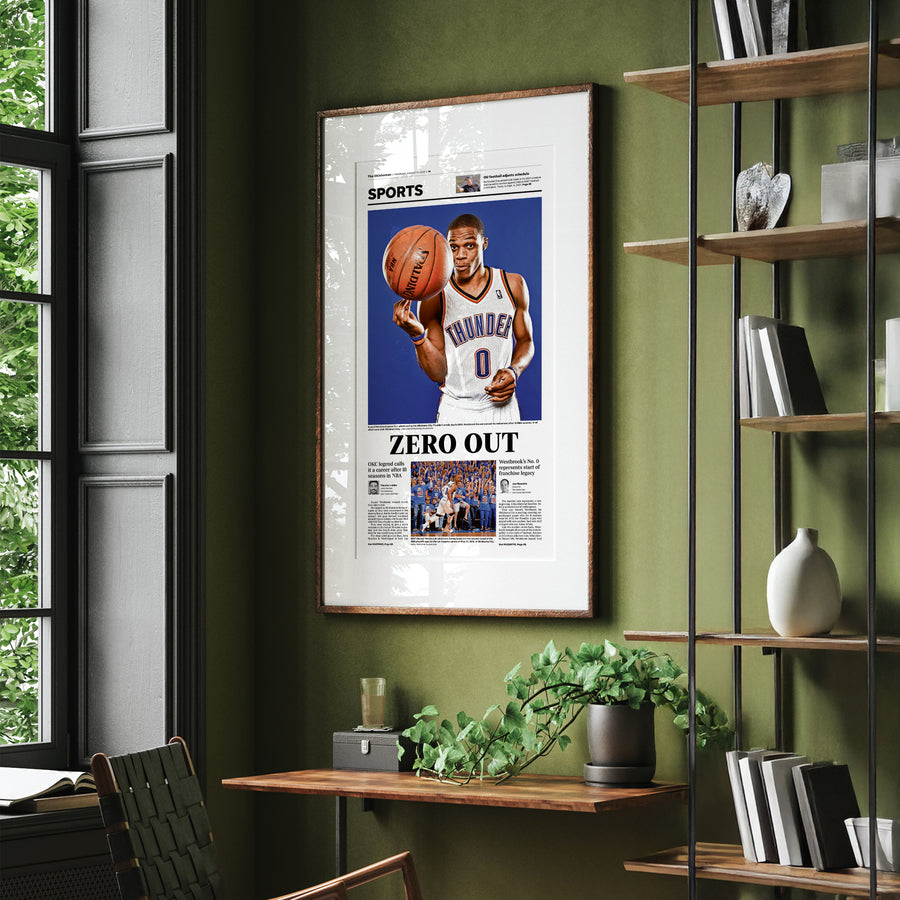 Russell Westbrook Zero Out Front Page Wall Art wall art mockup - Single black frame