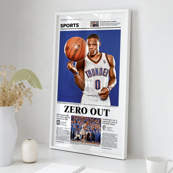 Russell Westbrook Zero Out Front Page Wall Art wall art mockup - Square framed room