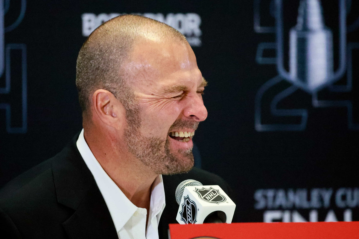 Florida Panthers General Manager Bill Zito,laughs as he talks to the media during the 2024 Stanley Cup Final Media Day at Amerant Bank Arena on June 7, 2024.