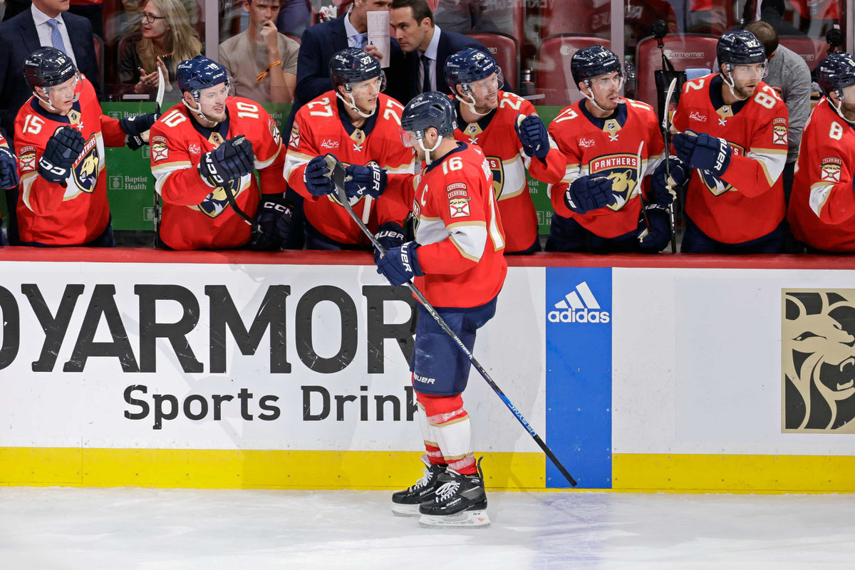 Florida Panthers center Aleksander Barkov celebrates with teammates after scoring a goal against the Boston Bruins during the second period of Game 2 of the second round of the Stanley Cup playoffs at Amerant Bank Arena in Sunrise on May 8, 2024.