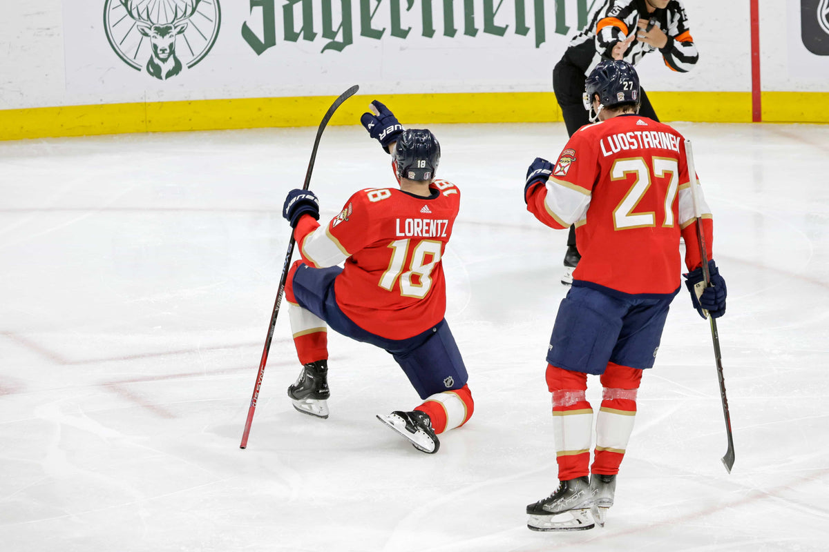 Florida Panthers center Steven Lorentz celebrates after scoring a goal against the Boston Bruins during the second period of Game 2 of the second round of the Stanley Cup playoffs at Amerant Bank Arena in Sunrise on May 8, 2024.