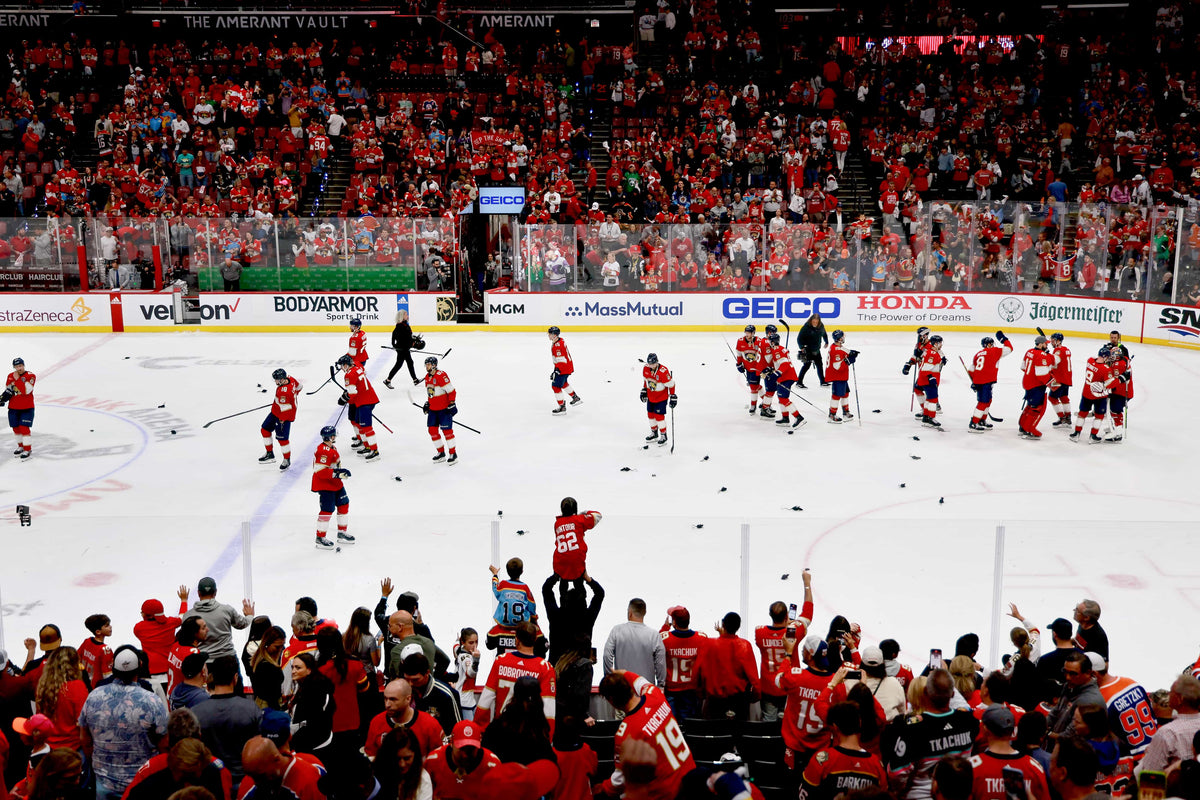 Florida Panthers fans throw rats on the ice after their victory in Game 1 of the 2024 Stanley Cup Final at Amerant Bank Arena in Sunrise on June 8, 2024.