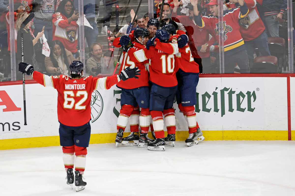 Florida Panthers defenseman Niko Mikkola celebrates after scoring a goal against the Edmonton Oilers during the second period of Game 2 of the 2024 Stanley Cup Final at Amerant Bank Arena in Sunrise on June 10, 2024.