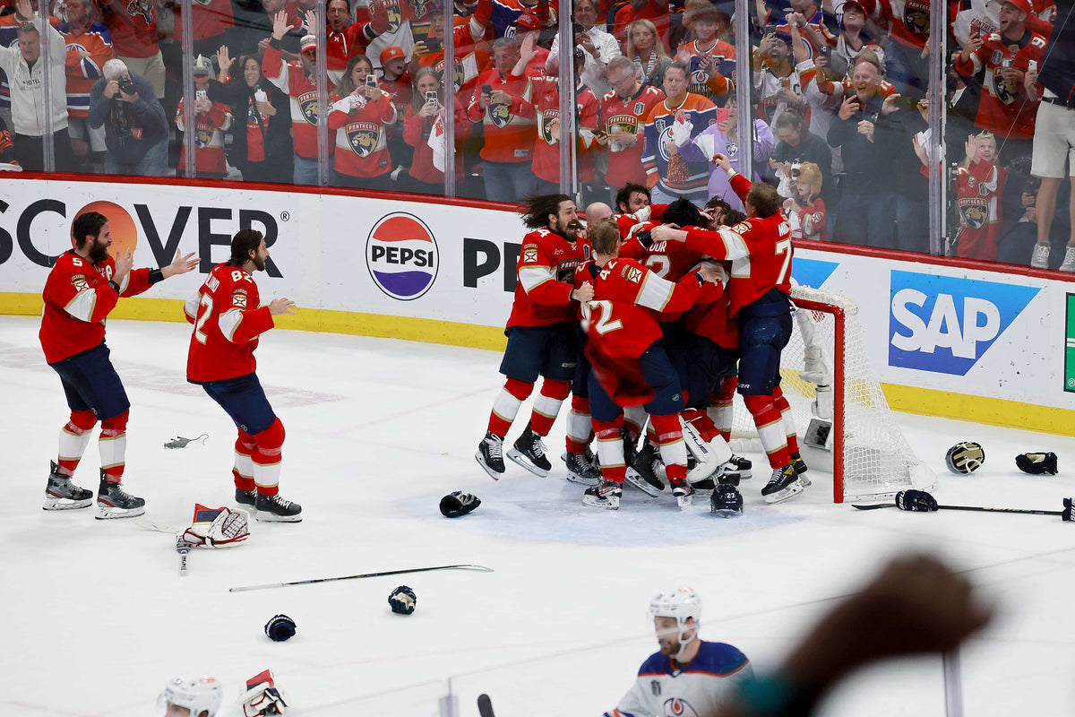 The team celebrates as Florida Panthers win Game 7 of the Stanley Cup Final at Amerant Bank Arena in Sunrise on June 24, 2024.