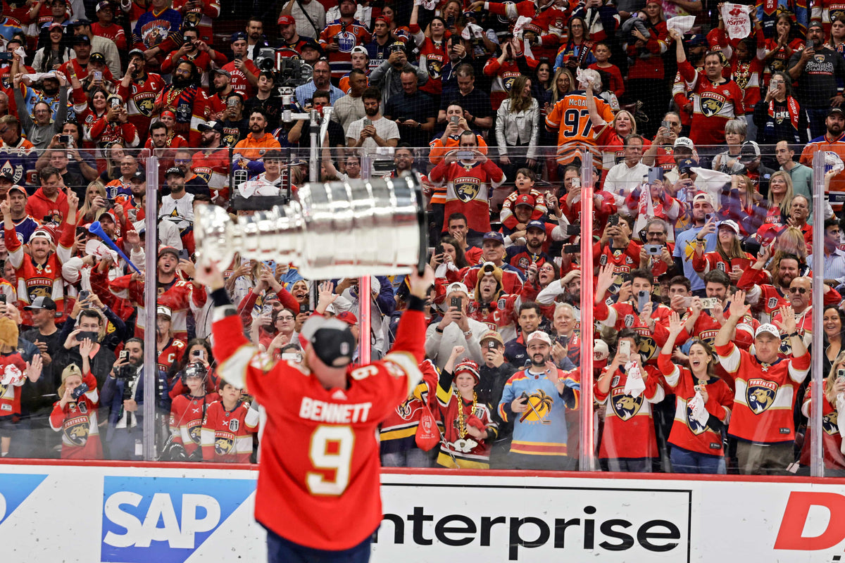Fans watch Florida Panthers center Sam Bennett celebrate after winning the Stanley Cup Final at Amerant Bank Arena in Sunrise on June 24, 2024.