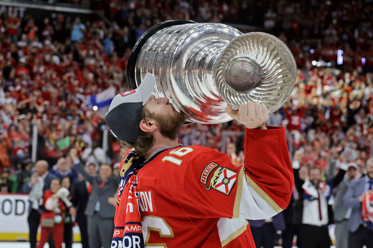 Florida Panthers center Aleksander Barkov celebrates after winning the Stanley Cup Final at Amerant Bank Arena in Sunrise on June 24, 2024.