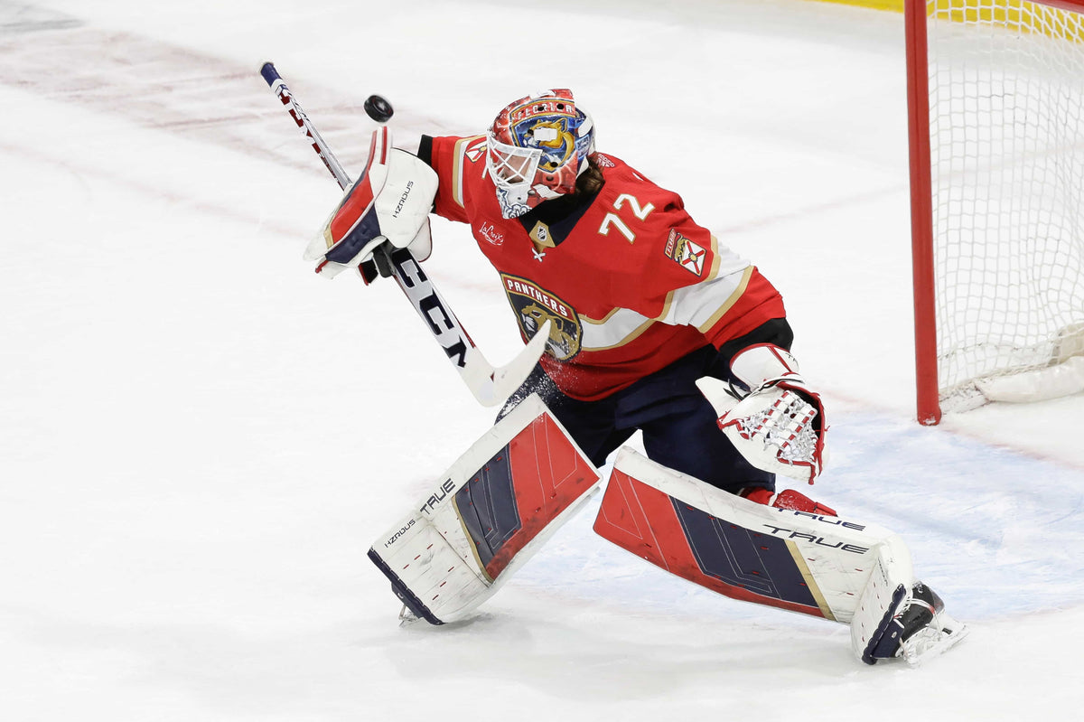 Florida Panthers goalie Sergei Bobrovsky deflects a shot against the Tampa Bay Lightning during the first period of Game 5 of the Stanley Cup playoffs in Sunrise on April 29, 2024.