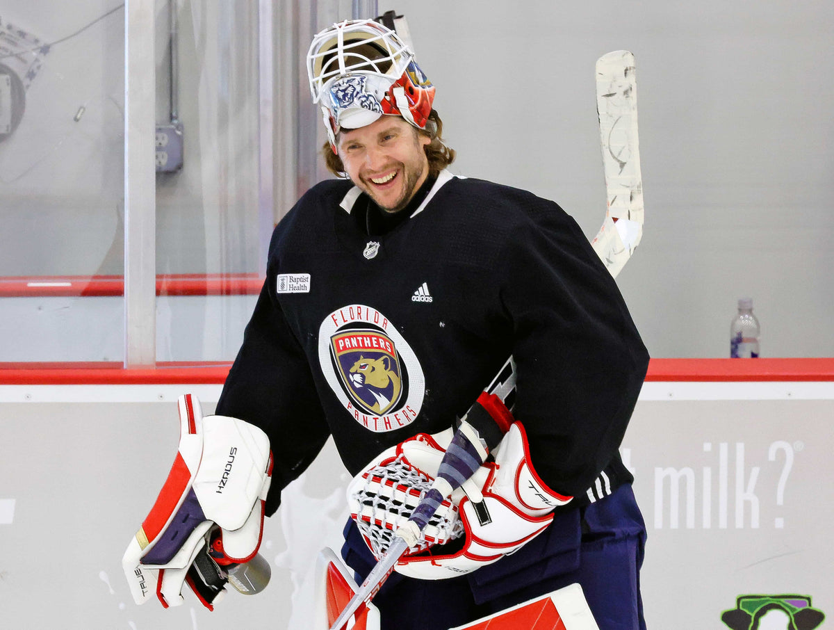 Goalie Sergei Bobrovsky (72) laughs during a lighter moment at Florida Panthers practice at Baptist Health IcePlex in Fort Lauderdale on May 3, 2024.