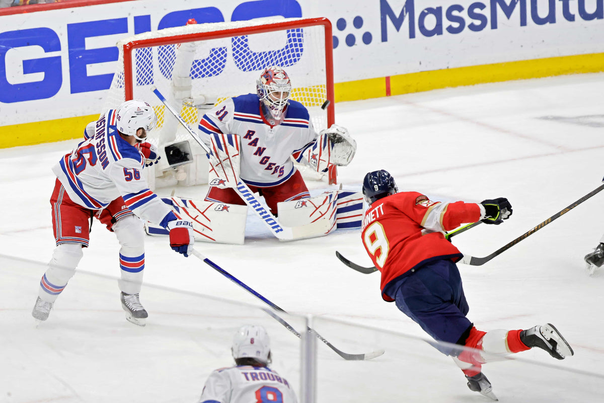 Florida Panthers center Sam Bennett scores a goal against New York Rangers goalie Igor Shesterkin during the first period of Game 6 of the Eastern Conference Final of the Stanley Cup playoffs at Amerant Bank Arena in Sunrise on June 1, 2024.