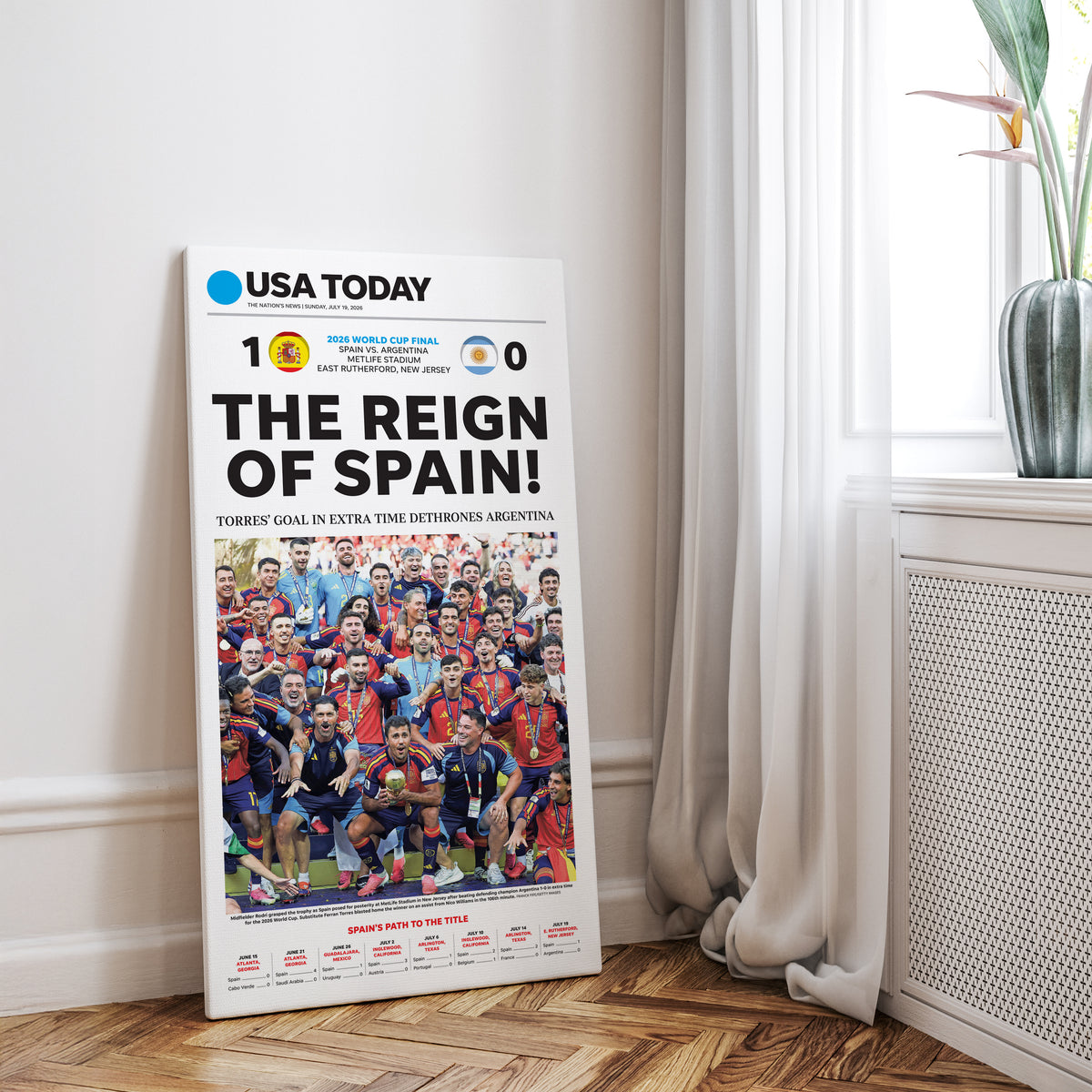 The Reign of Spain 2026 World Cup Front Page Wall Art wall art mockup - Desk wall square