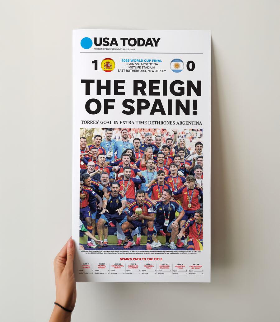 The Reign of Spain 2026 World Cup Front Page Wall Art wall art mockup - Hand-held loose poster