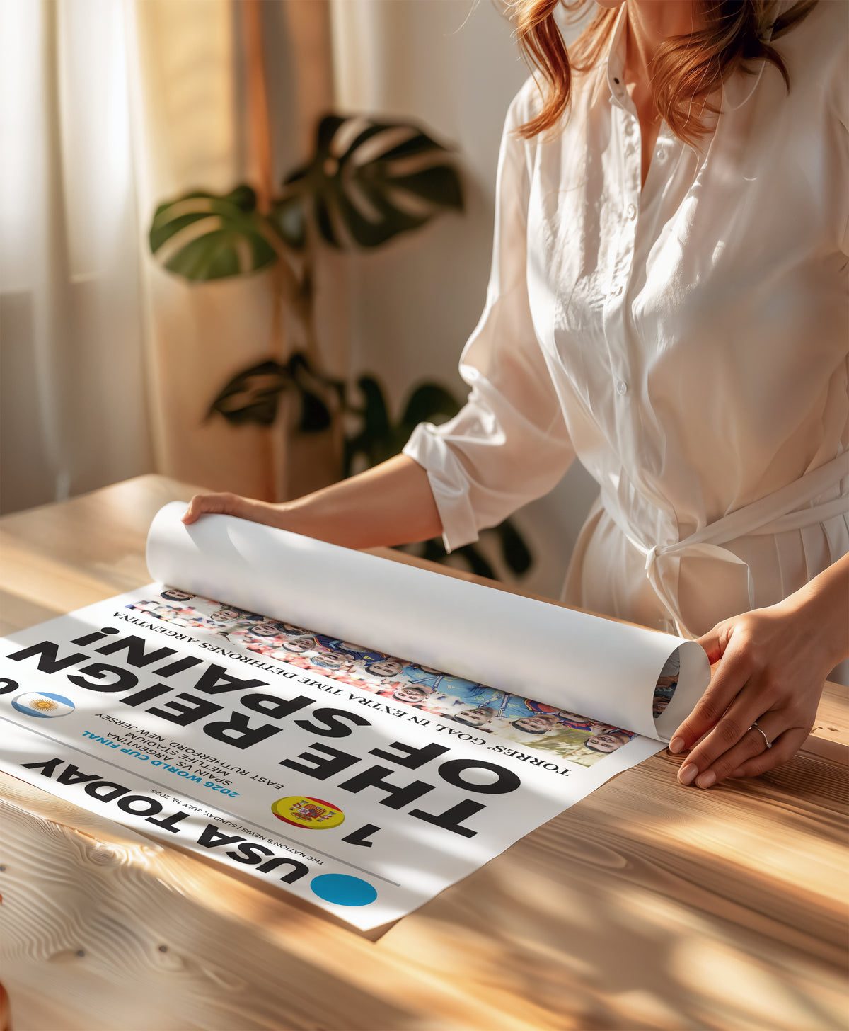 The Reign of Spain 2026 World Cup Front Page Wall Art wall art mockup - Rolled poster table