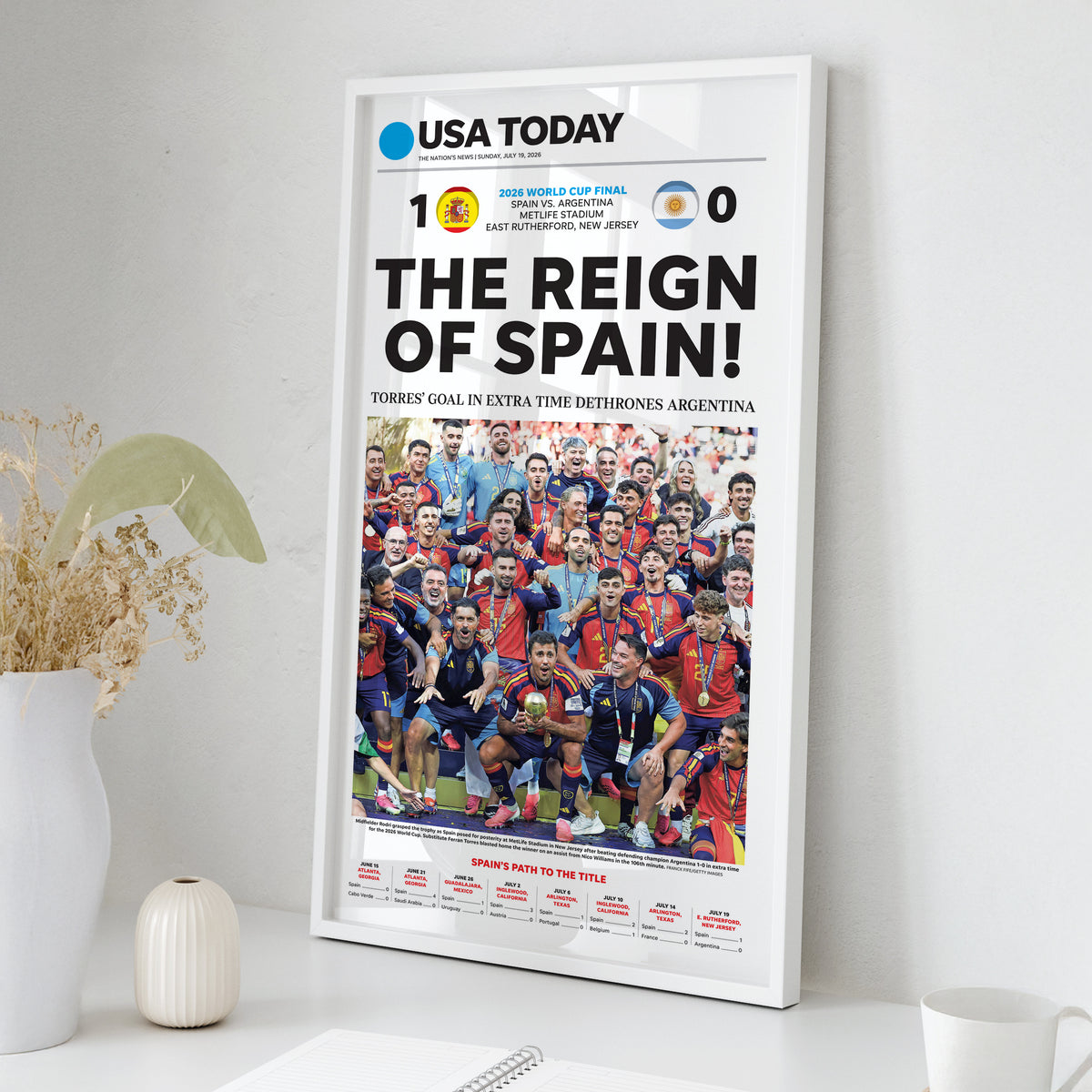 The Reign of Spain 2026 World Cup Front Page Wall Art wall art mockup - Square framed room