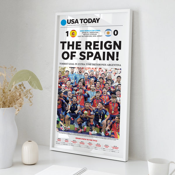 The Reign of Spain 2026 World Cup Front Page Wall Art wall art mockup - Square framed room