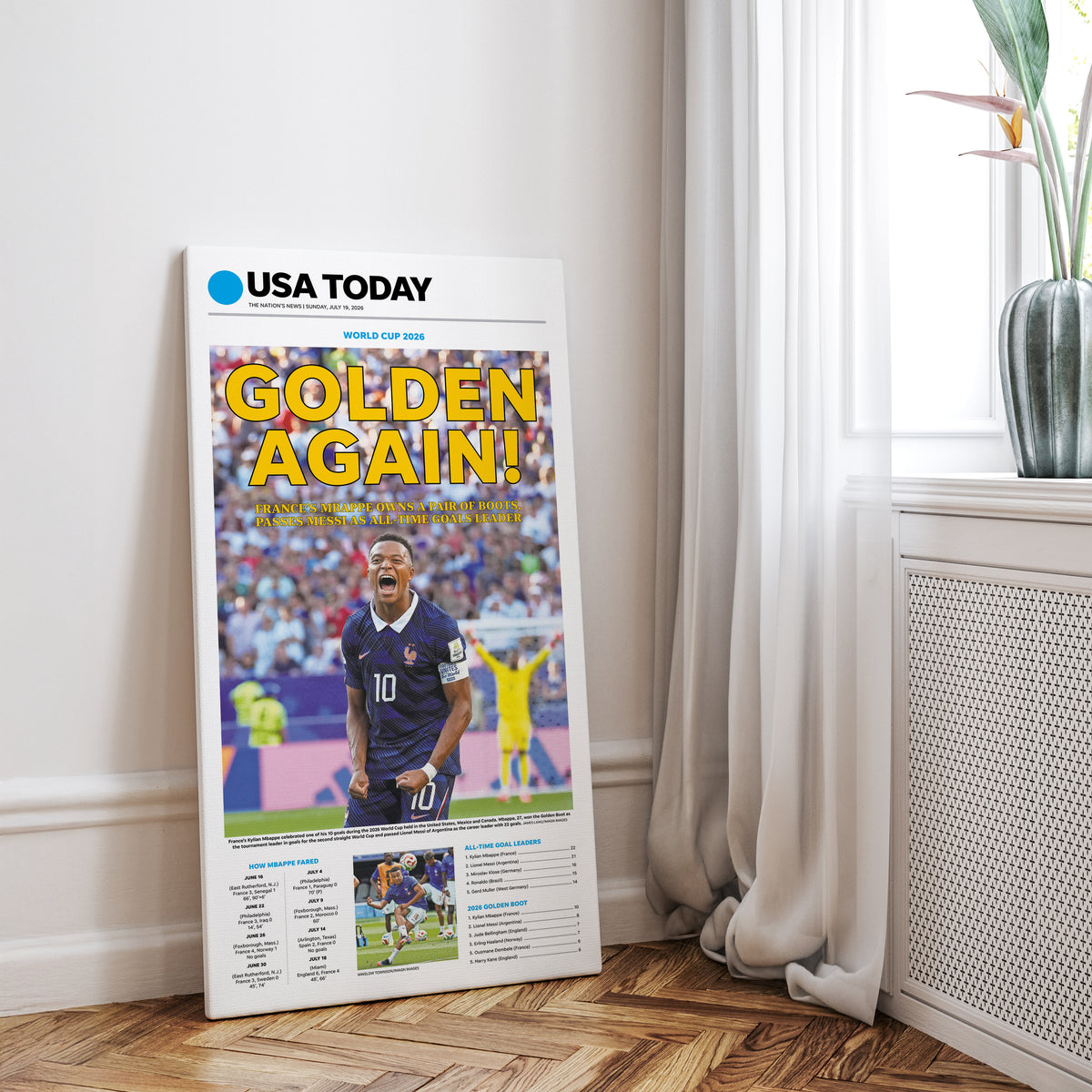World Cup 2026 Mbappe Golden Boot Front Page Wall Art wall art mockup - Desk wall square