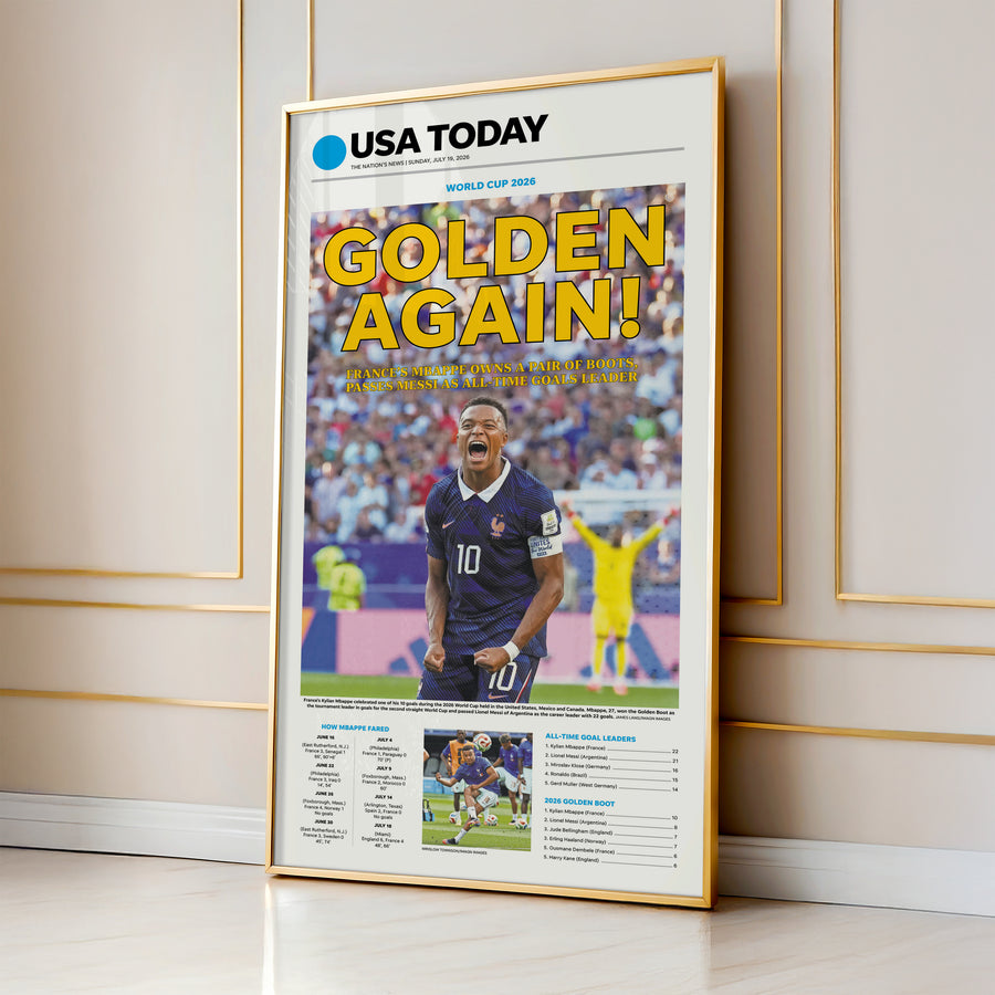 World Cup 2026 Mbappe Golden Boot Front Page Wall Art wall art mockup - Gallery wall square